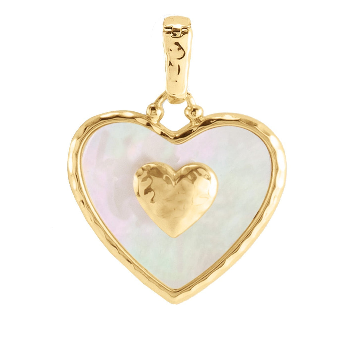Anabel Aram Heart Radiant Charm: an 18K gold plated brass heart-shaped pendant featuring an iridescent inlay and a small, centered gold heart.