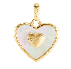 Anabel Aram Heart Radiant Charm: an 18K gold plated brass heart-shaped pendant featuring an iridescent inlay and a small, centered gold heart.