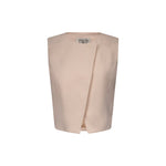 The High Neck Hidden Placket Vest by TWP is a sleeveless, light beige piece in a viscose linen blend, featuring a minimalist design and asymmetrical front opening. The TWP label appears inside the collar.