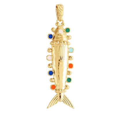 The Milos Medium Fish Charm by Anabel Aram is a gold fish-shaped pendant with textured details and vibrant circular blue, green, orange, and white accents—a striking piece inspired by Mediterranean jewelry.