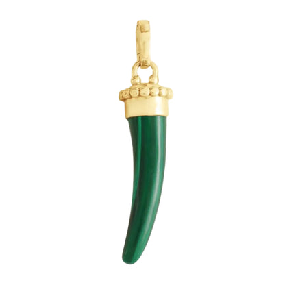 The Milos Stone Horn Charm by Anabel Aram is a green Mediterranean pendant with a gold cap and bail, shown on a white background.