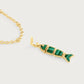 Milos Stone Fish Charm in the shape of a gold fish with green stone segments, detached from a gold chain.