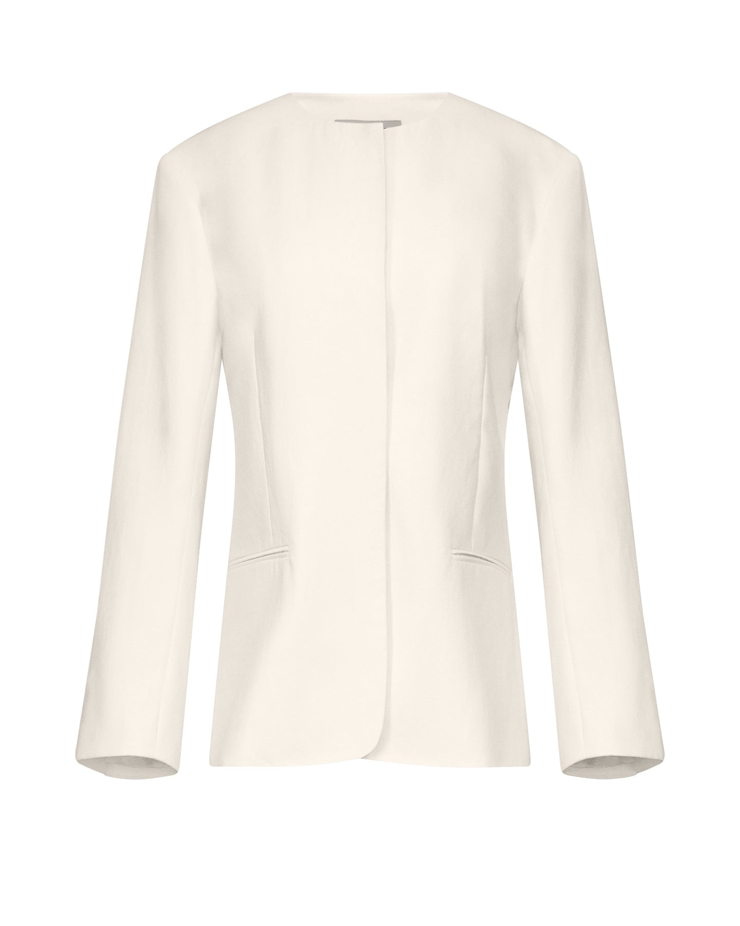 The TWP Cecelia Jacket is a women's long-sleeve, off-white blazer made from 100% linen. It features a collarless design and no visible buttons, showcased on a white background.