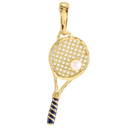 The Anabel Aram Tennis Racket Charm is a gold-plated necklace featuring a pearl at the center of the strings and a blue-striped handle.