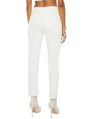 A back view of a person wearing the Mother Denim The Tomcat Ankle pants, which feature a white, high-rise design with a flattering straight leg cut, elegantly paired with high heels.