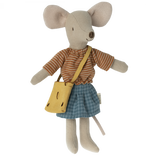 A Maileg Mum Mouse plush toy wearing a striped shirt, blue skirt, and carrying a yellow bag.