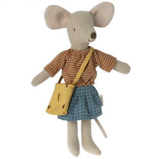 A Maileg Mum Mouse plush toy wearing a striped shirt, blue skirt, and carrying a yellow bag.