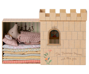 A Maileg Princess and the Pea Mouse playset with a Princess Mouse doll and multiple layered mattresses.