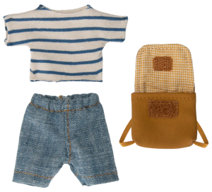 Dress up your Maileg Tricycle Mouse, Big Brother with Bag in a blue and white striped shirt, denim shorts, and a stylish checkered-flap backpack—perfect attire for his next tricycle adventure!.