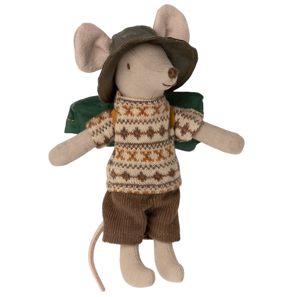 Maileg Hiker Mouse, Big Brother, comes dressed in a patterned sweater, brown shorts, a hat, and a green backpack—an adorable addition to any hiker collection.