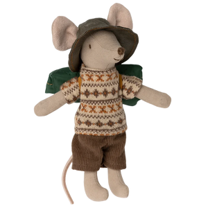 Maileg Hiker Mouse, Big Brother, comes dressed in a patterned sweater, brown shorts, a hat, and a green backpack—an adorable addition to any hiker collection.