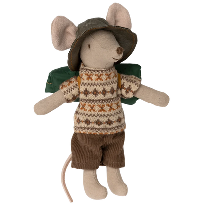 Maileg Hiker Mouse, Big Brother, comes dressed in a patterned sweater, brown shorts, a hat, and a green backpack—an adorable addition to any hiker collection.