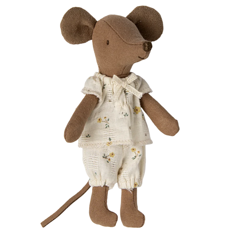 The Maileg Big Sister Mouse in Matchbox - Pyjamas is a soft fabric doll dressed in cute pyjamas, making it an adorable addition to any Maileg or soft toy collection.