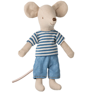 The Maileg LouiMax Mouse, Big Brother wears a blue and white striped shirt with blue shorts, stands upright with a visible tail—perfect for play or as a delightful decoration box addition.