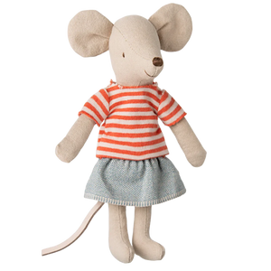 The Maileg Sister Mouse, Big Sister—a beige stuffed mouse with large ears in a red and white striped shirt and light blue skirt—makes a charming decoration or thoughtful gift.
