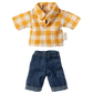 A yellow and white checkered shirt with blue jeans, designed to fit the Maileg Dad Mouse stuffed animal.
