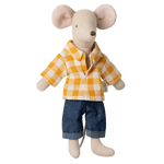 Maileg's Dad Mouse stands upright wearing a yellow and white checkered shirt with blue denim pants—ideal for pairing with Maileg mouse furniture.
