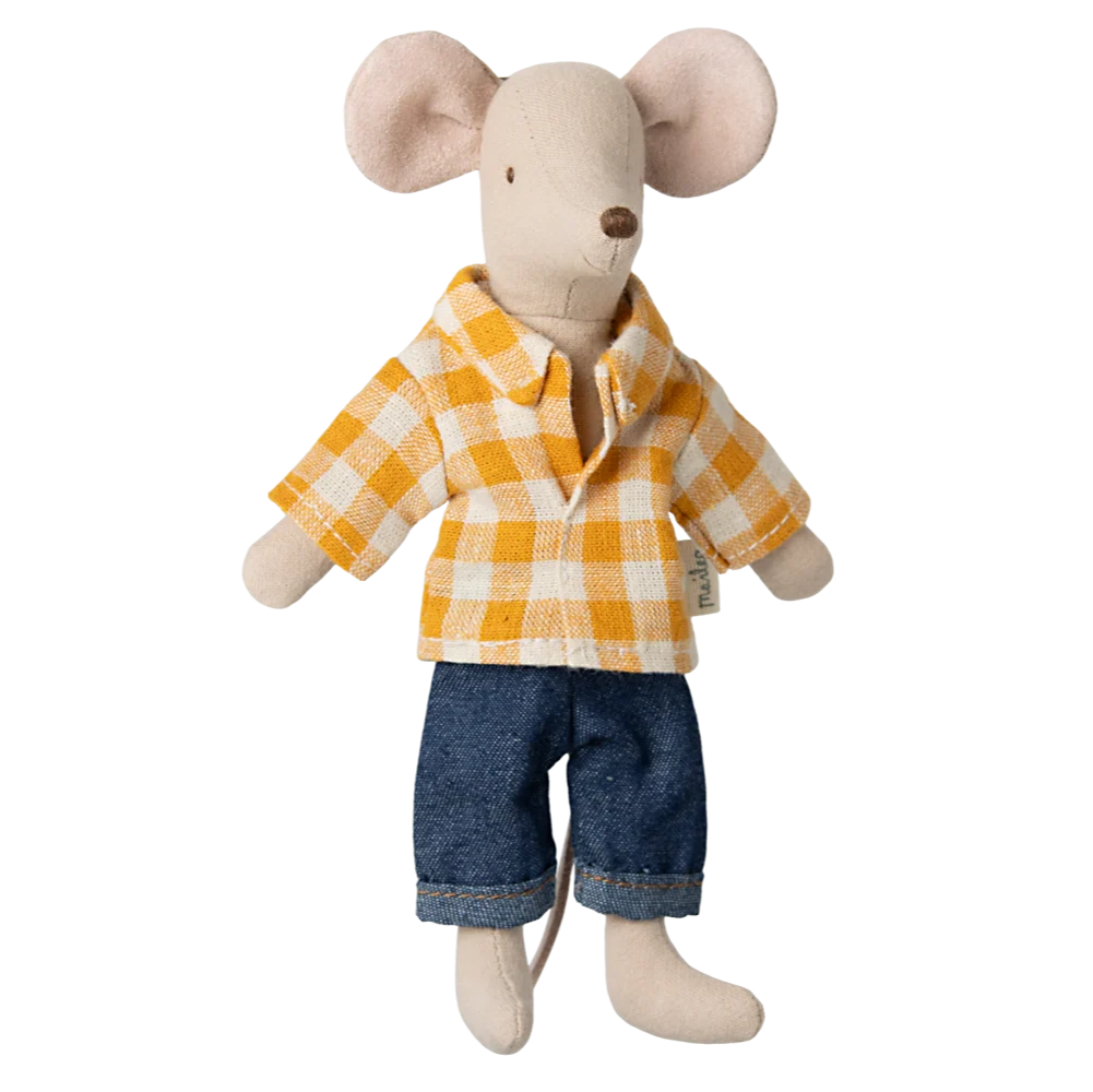 Maileg's Dad Mouse stands upright wearing a yellow and white checkered shirt with blue denim pants—ideal for pairing with Maileg mouse furniture.