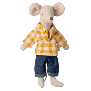 Maileg's Dad Mouse stands upright wearing a yellow and white checkered shirt with blue denim pants—ideal for pairing with Maileg mouse furniture.