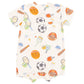 The Angel Dear Baby Boys' Bamboo Sports Ball Friends Henley Shortall is a comfy one-piece with cartoon sports balls, rackets, bats, and smiling faces on a light background—made from soft bamboo viscose.