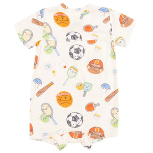 The Angel Dear Baby Boys' Bamboo Sports Ball Friends Henley Shortall is a comfy one-piece with cartoon sports balls, rackets, bats, and smiling faces on a light background—made from soft bamboo viscose.