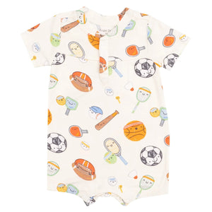The Angel Dear Baby Boys' Bamboo Sports Ball Friends Henley Shortall features a fun print with footballs, soccer balls, tennis rackets, baseballs, and basketballs on white for a sporty baby look.