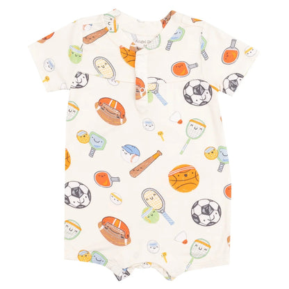 The Angel Dear Baby Boys' Bamboo Sports Ball Friends Henley Shortall features a fun print with footballs, soccer balls, tennis rackets, baseballs, and basketballs on white for a sporty baby look.
