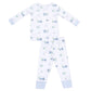 Angel Dear’s Baby and Kids' Golf Carts Long Sleeve Loungewear Set features a golf-themed print with carts and clubs in light blue and green on white. Made from breathable fabric with striped cuffs, it’s perfect for cozy home or bedtime wear.