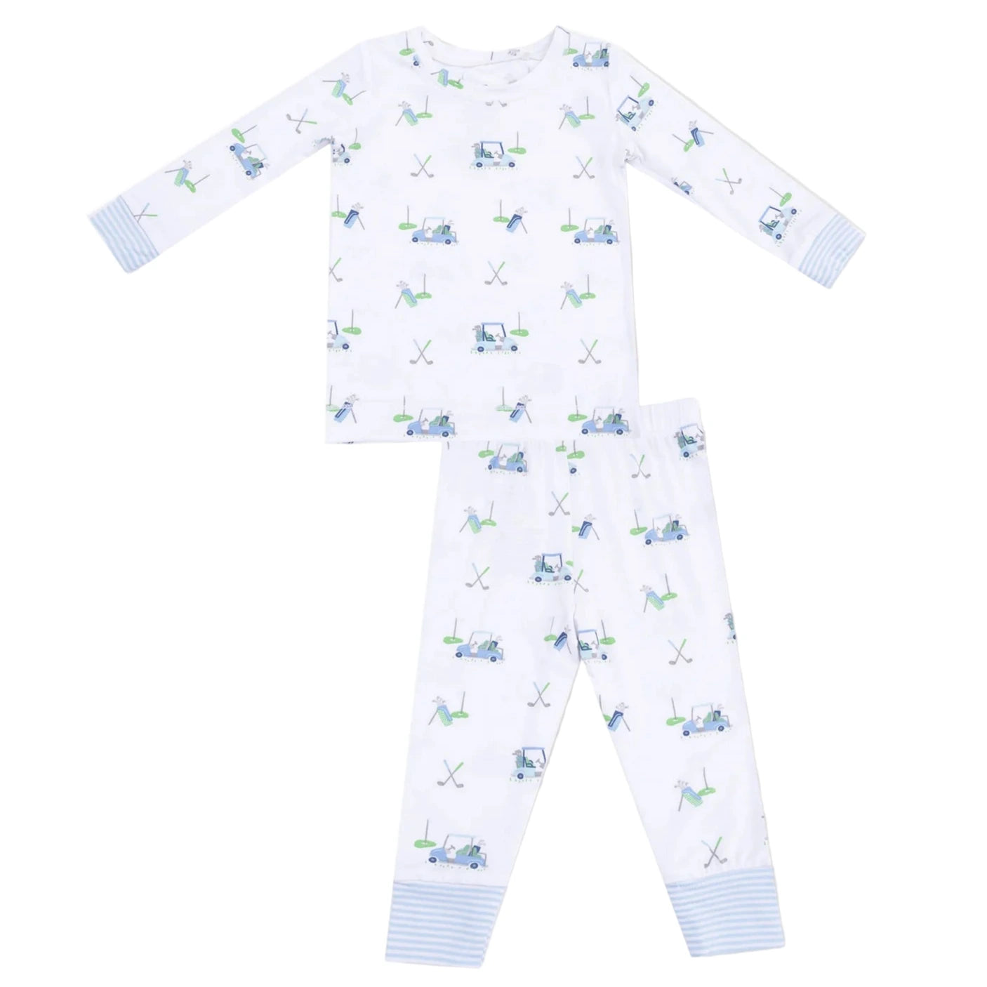 Angel Dear’s Baby and Kids' Golf Carts Long Sleeve Loungewear Set features a golf-themed print with carts and clubs in light blue and green on white. Made from breathable fabric with striped cuffs, it’s perfect for cozy home or bedtime wear.