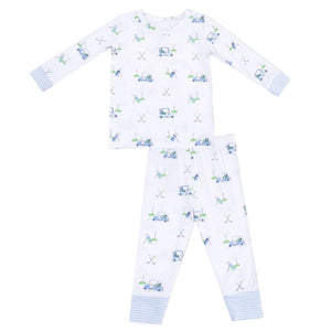 Angel Dear’s Baby and Kids' Golf Carts Long Sleeve Loungewear Set features a golf-themed print with carts and clubs in light blue and green on white. Made from breathable fabric with striped cuffs, it’s perfect for cozy home or bedtime wear.