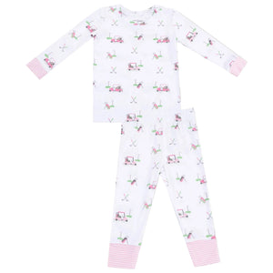 Angel Dear’s Baby and Kids' Golf Carts Long Sleeve Loungewear Set features breathable fabric, a whimsical golf cart print, and pink-and-white striped cuffs—cozy and perfect for bedtime or relaxing at home.