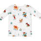 Angel Dear Baby Boys' and Boys' Long Sleeve Loungewear Set—a cozy white shirt with green cuffs, decorated with colorful cartoon animals skiing and snowboarding—perfect for young winter sports fans.