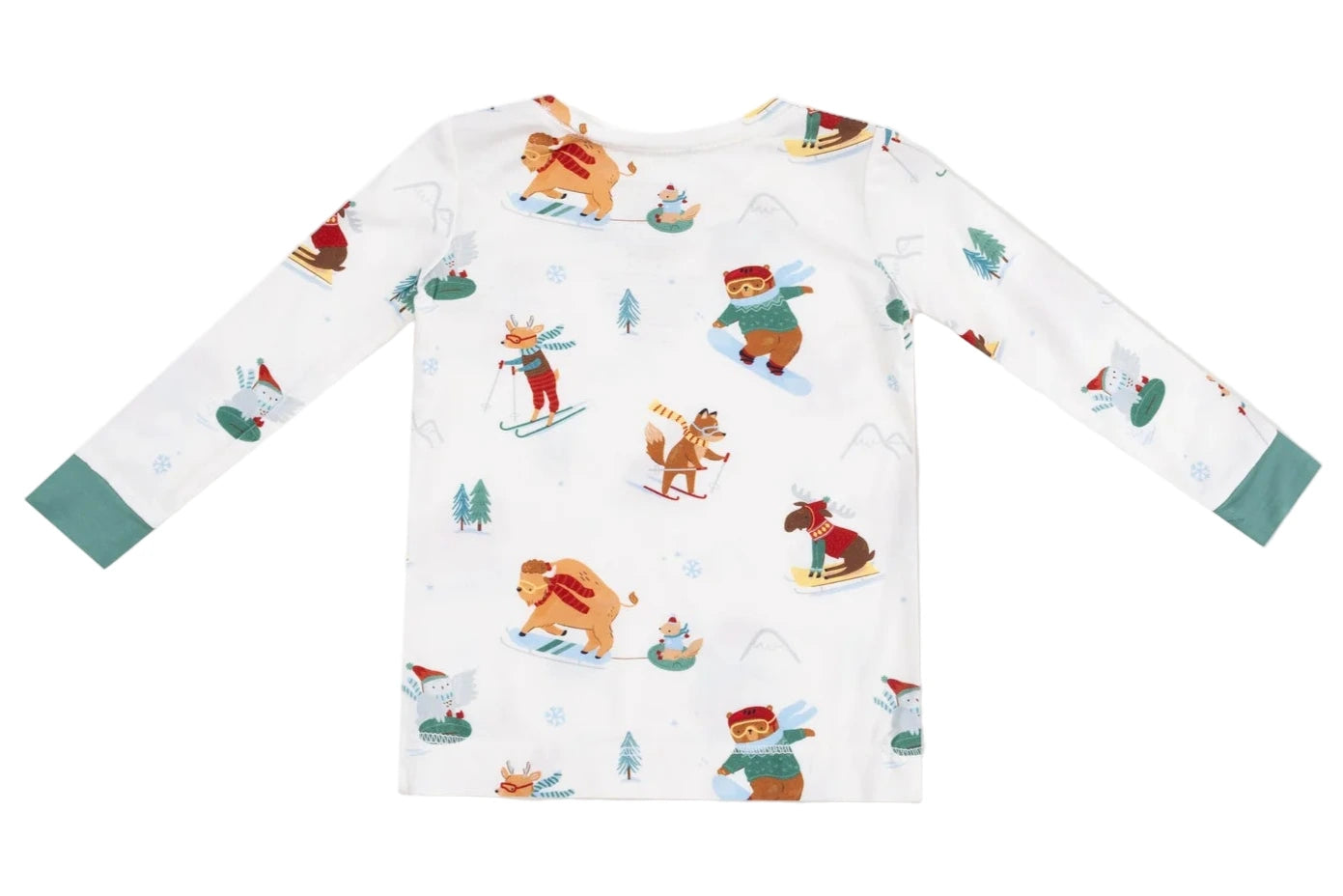 Angel Dear Baby Boys' and Boys' Long Sleeve Loungewear Set—a cozy white shirt with green cuffs, decorated with colorful cartoon animals skiing and snowboarding—perfect for young winter sports fans.