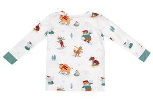 Angel Dear Baby Boys' and Boys' Long Sleeve Loungewear Set—a cozy white shirt with green cuffs, decorated with colorful cartoon animals skiing and snowboarding—perfect for young winter sports fans.