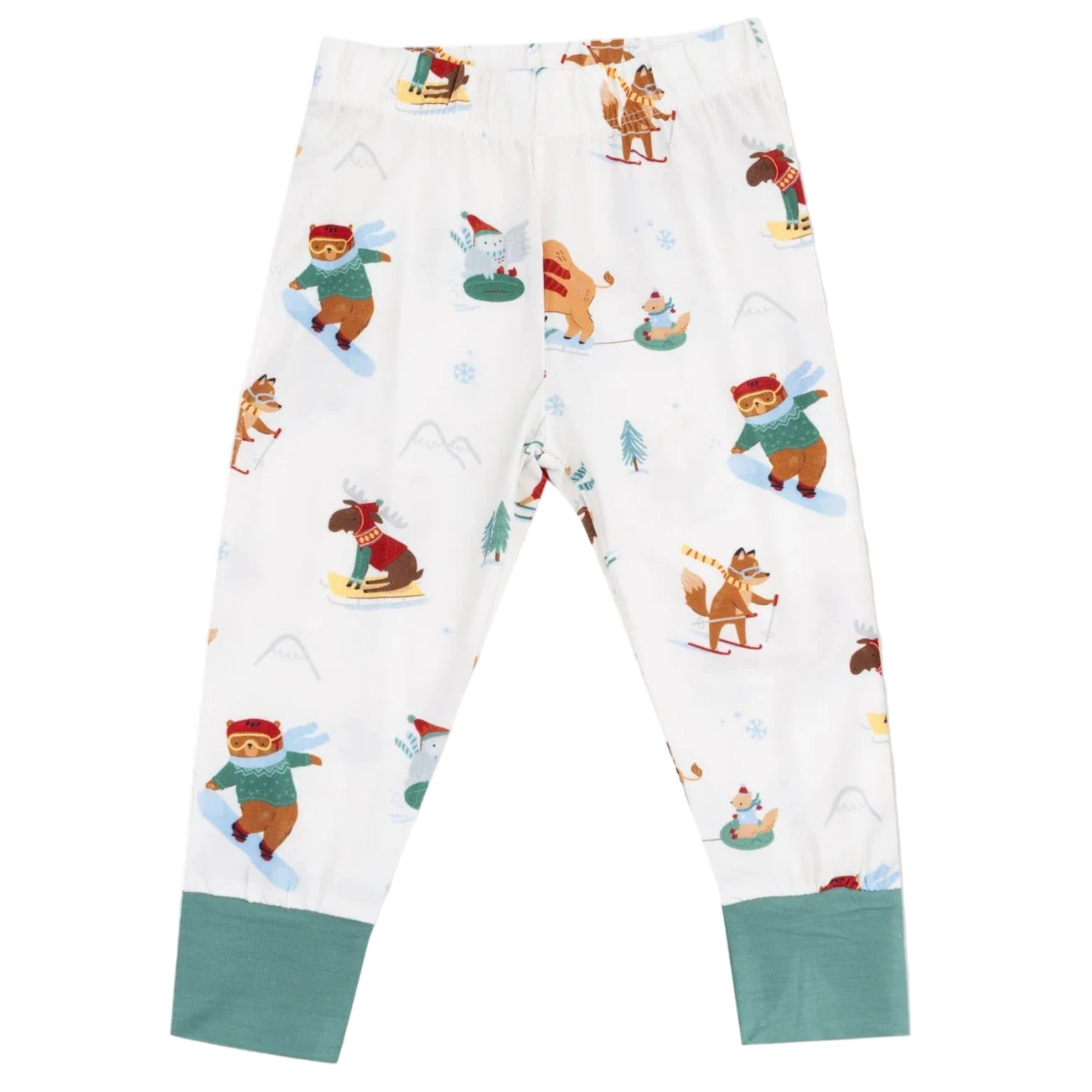 Angel Dear's Baby Boys' and Boys' Long Sleeve Loungewear Set features white leggings with teal cuffs and playful cartoon animals skiing, snowboarding, and sledding on a wintry background. Cozy, breathable fabric makes it perfect for winter adventures.