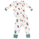 Angel Dear's Baby Boys' and Boys' Long Sleeve Loungewear Set features a winter animal print with bears, deer, and foxes skiing and skating on white breathable fabric with green cuffs.