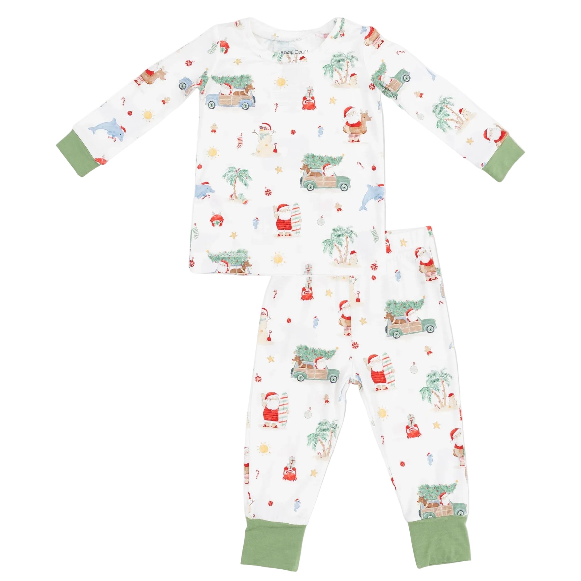 The Angel Dear Baby and Kids’ Long Sleeve Loungewear Set features green cuffs and festive Christmas-themed prints—including Santa, cars, dolphins, and palm trees—on a white background. Crafted from breathable fabric, these cozy pajamas are perfect for keeping your child comfortable all night long.