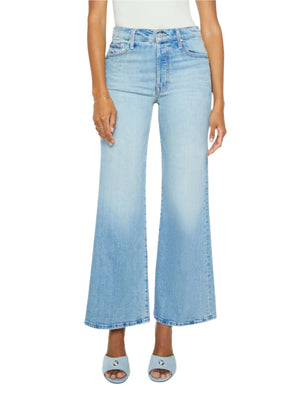 A person wearing Mother’s The Tomcat Roller high-waisted wide-leg jeans in light-wash denim and light blue open-toe heeled sandals, shown from shoulders to feet.