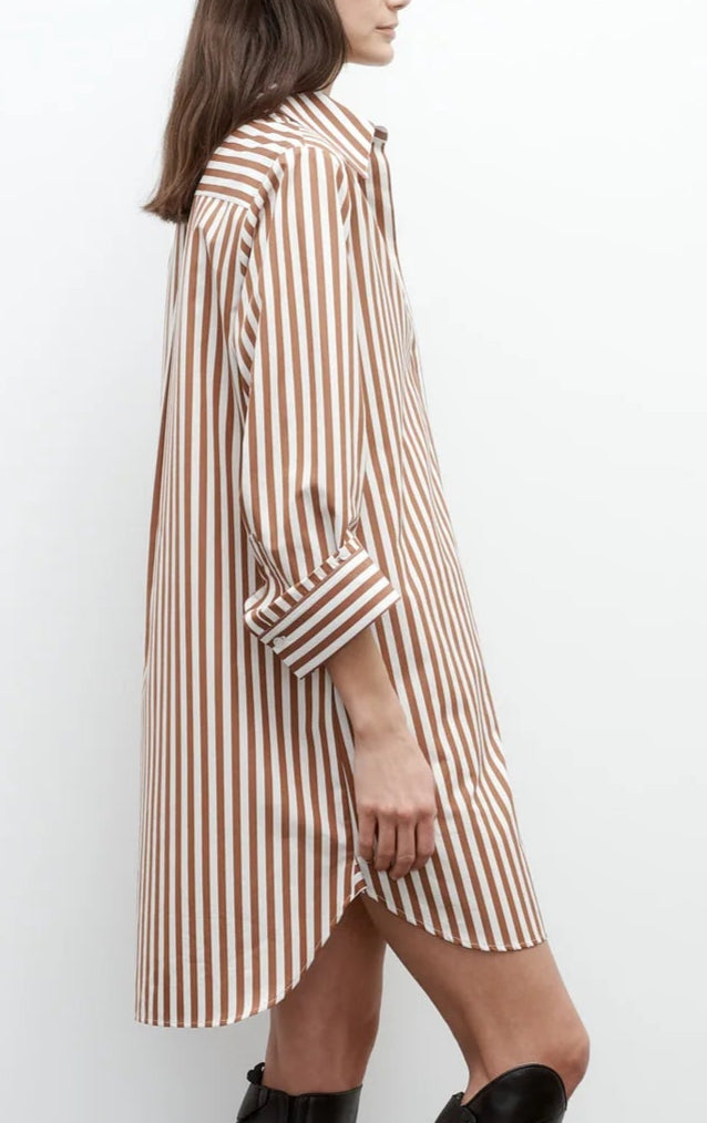A woman stands sideways against a plain white background, wearing the TWP Morning After Dress—a brown and white vertical striped shirt dress with rolled-up sleeves and a relaxed silhouette.