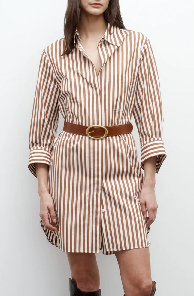 A woman wears the TWP Morning After Dress—brown and white vertical stripes, relaxed fit, brown belt, and rolled-up sleeves—standing against a plain white background.