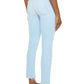 A person shown from the back against a white background wears Mother’s The Mid Rise Dazzler Crop Fray jeans in light blue recycled stretch denim, paired with a white sleeveless top and pink flower-embellished sandals.