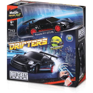 Maisto R/C 1:43 Die-cast Drifters Porsche 911 GT3 RS remote control car, designed for ages 6 and up, features eye-catching red wheels, USB charging, and remarkable drifting performance.