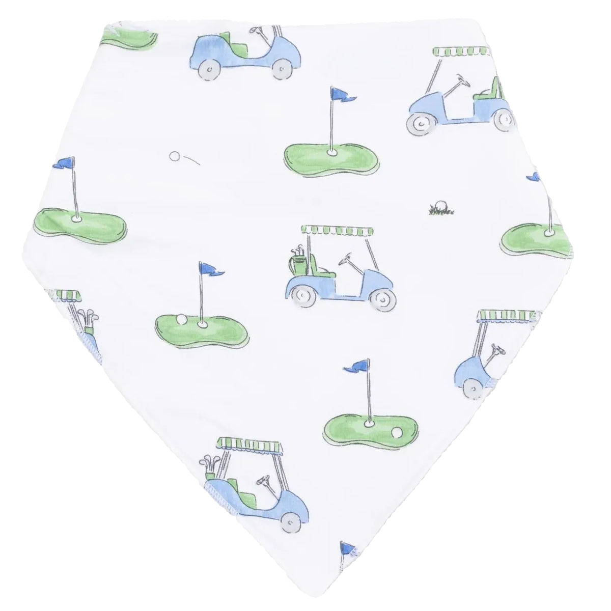 The Angel Dear Bandana Bib showcases a white triangular design adorned with a playful pattern of green golf courses, blue golf carts, flags, and golf balls—an ideal choice for little ones as a stylish teething bib or to add fun flair to your baby bib collection.