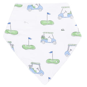 The Angel Dear Bandana Bib showcases a white triangular design adorned with a playful pattern of green golf courses, blue golf carts, flags, and golf balls—an ideal choice for little ones as a stylish teething bib or to add fun flair to your baby bib collection.