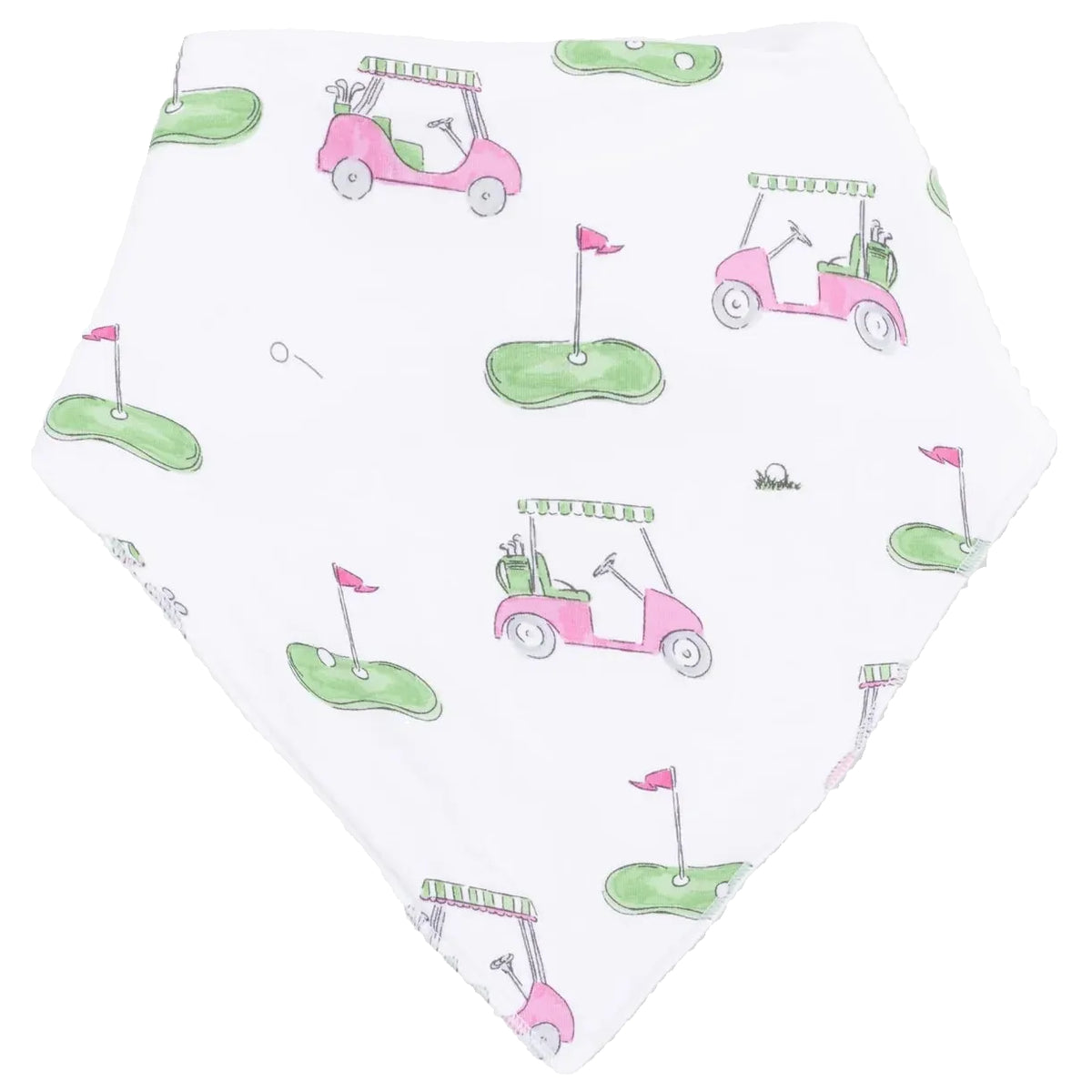 The Angel Dear Bandana Bib features a white background adorned with a repeating pattern of pink golf carts, golf greens, flags, and tees—making it both a stylish choice for baby bibs and practical enough to use as a teething bib.