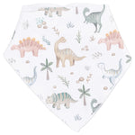 The Angel Dear Bandana Bib features a white background with a playful scatter print of pastel-colored dinosaurs, plants, and rocks. Perfect for everyday use, this baby bib is also great as a teething accessory, helping to keep little ones dry and stylish all day long.