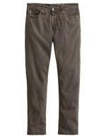 A pair of Tellis Modern Slim Denim jeans by AG Jeans in brown Hyper Soft Bull Denim, featuring a five-pocket design and straight-leg fit, displayed flat on a white background.