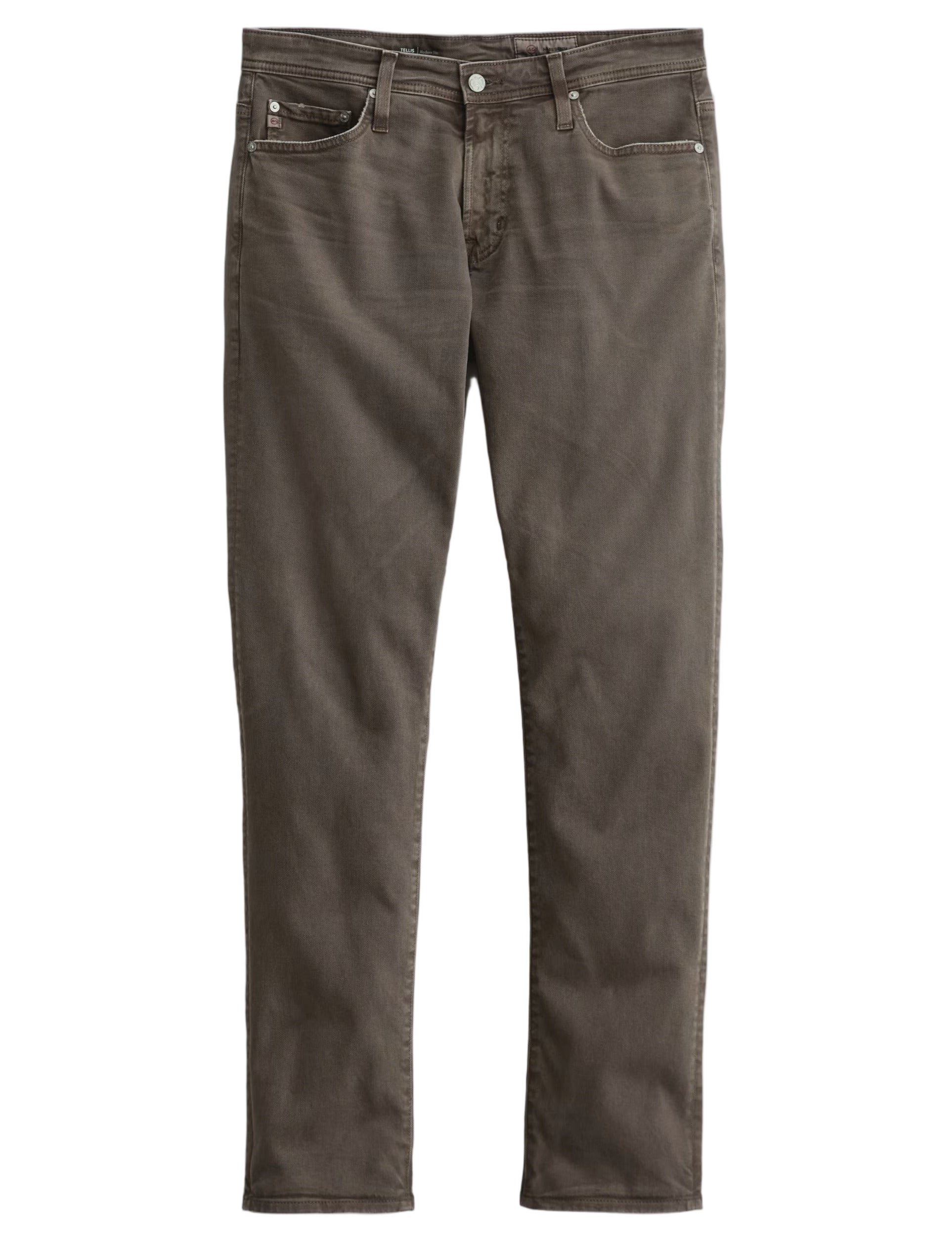 A pair of Tellis Modern Slim Denim jeans by AG Jeans in brown Hyper Soft Bull Denim, featuring a five-pocket design and straight-leg fit, displayed flat on a white background.