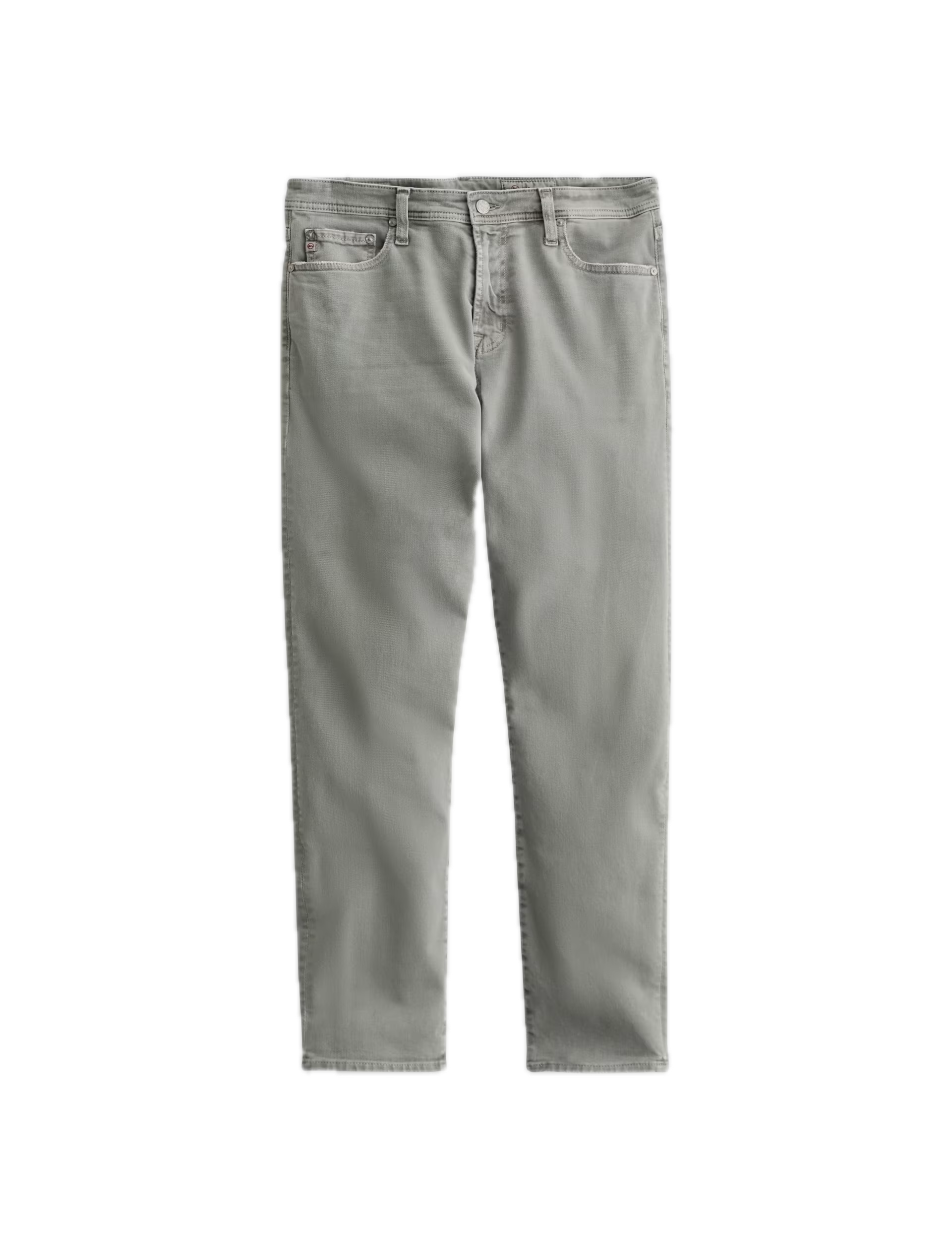 A pair of light gray AG Jeans Tellis Modern Slim Denim jeans laid flat on a white background, featuring a slim fit with front and back pockets, zip and button closure, and a modern tapered leg.