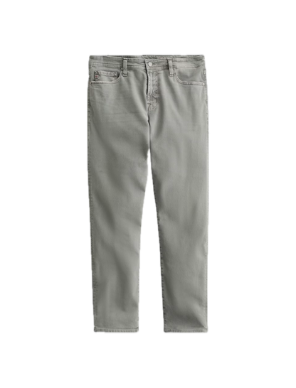 A pair of light gray AG Jeans Tellis Modern Slim Denim jeans laid flat on a white background, featuring a slim fit with front and back pockets, zip and button closure, and a modern tapered leg.